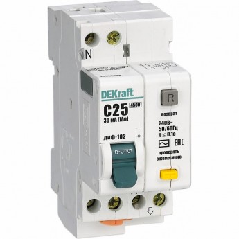 Дифференциальный автоматический выключатель SCHNEIDER ELECTRIC DEKRAFT 1Р+N 10А 30мА тип AC х-ка С ДИФ-102 нов. 4,5кА