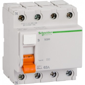 Дифференциальный выключатель нагрузки SCHNEIDER ELECTRIC ДОМОВОЙ ВД63 4П 63A 30MA АС, Испания