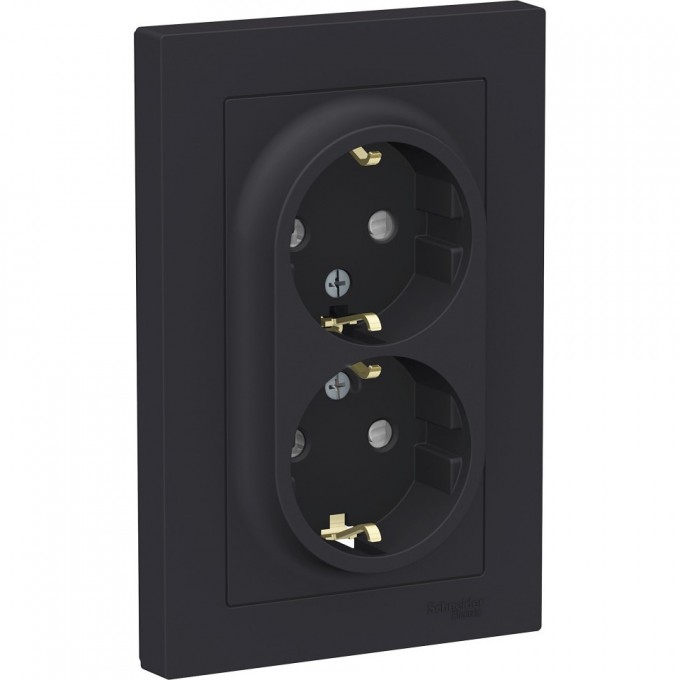 Розетка двойная SCHNEIDER ELECTRIC ATLASDESIGN с заземлением, со шторками, в сборе, карбон ATN001026